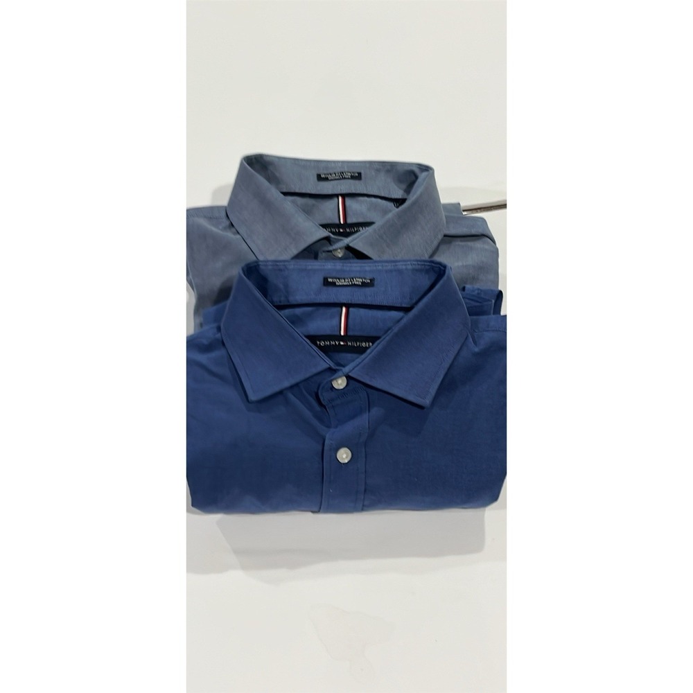 Lot Tommy Hilfiger Mens Large Blue Regular Fit Stretch Wrinkle Free Dress Shirt
